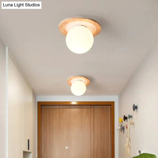 Frosted White Glass & Wood Modern Flush Mount Ceiling Light / Round