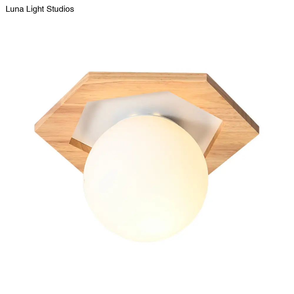 Frosted White Glass & Wood Modern Flush Mount Ceiling Light