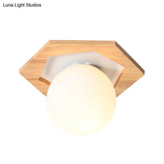 Frosted White Glass & Wood Modern Flush Mount Ceiling Light