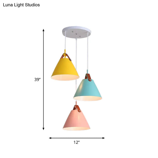 Frustum Shaped Metal Hanging Light Macaron Pendant Lamp - Blue-Pink-Yellow/Black-Grey-White 3 Bulbs