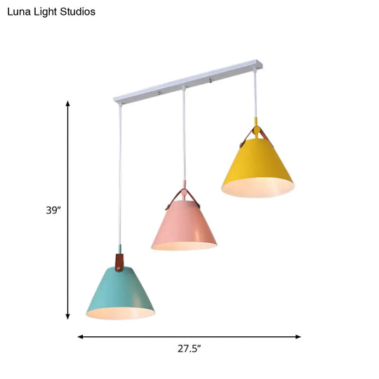 Frustum Shaped Metal Hanging Light Macaron Pendant Lamp - Blue-Pink-Yellow/Black-Grey-White 3 Bulbs