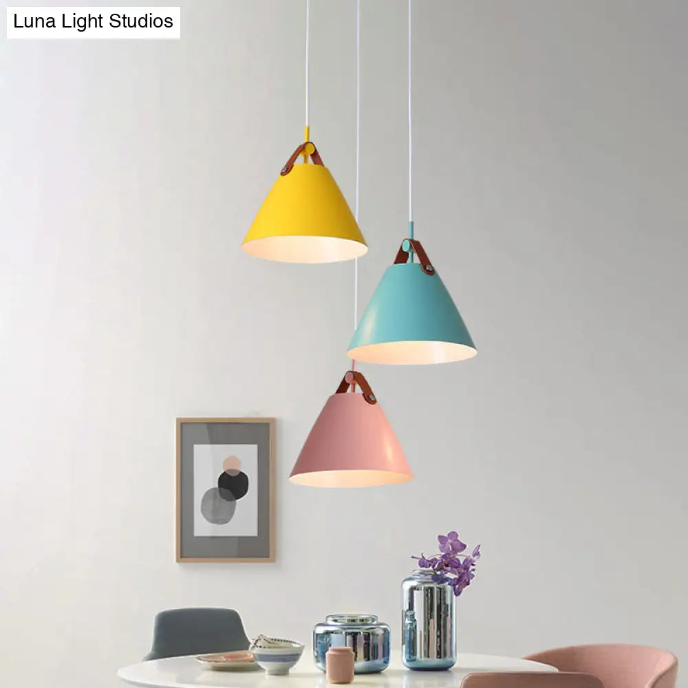 Frustum Shaped Metal Hanging Light Macaron Pendant Lamp - Blue-Pink-Yellow/Black-Grey-White 3 Bulbs