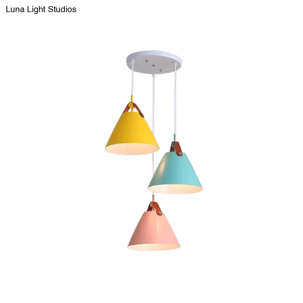 Frustum Shaped Metal Hanging Light Macaron Pendant Lamp - Blue-Pink-Yellow/Black-Grey-White 3 Bulbs