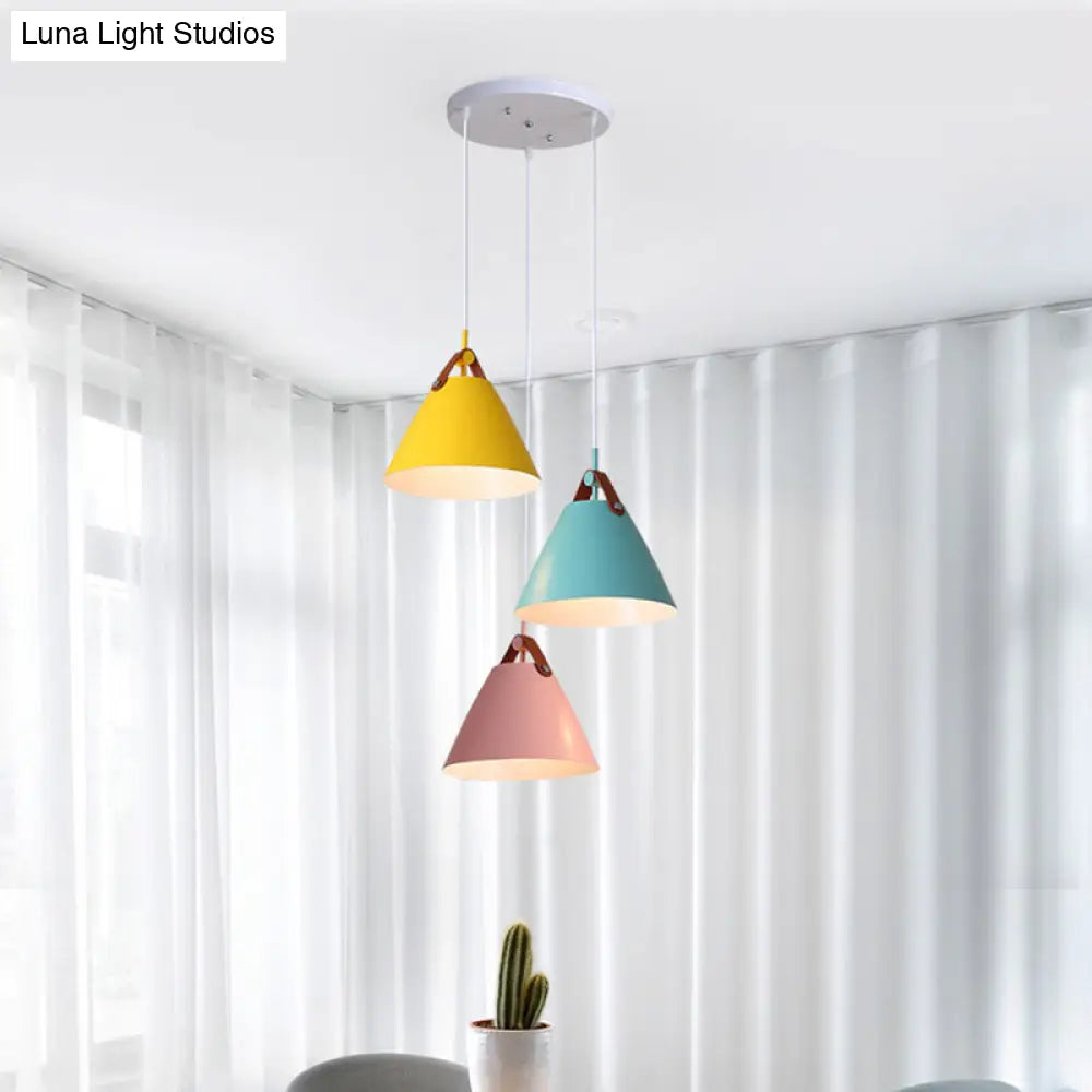 Frustum Shaped Metal Hanging Light Macaron Pendant Lamp - Blue-Pink-Yellow/Black-Grey-White 3 Bulbs