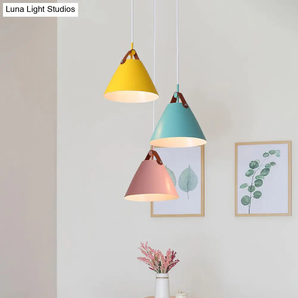 Frustum Shaped Metal Hanging Light Macaron Pendant Lamp - Blue-Pink-Yellow/Black-Grey-White 3 Bulbs