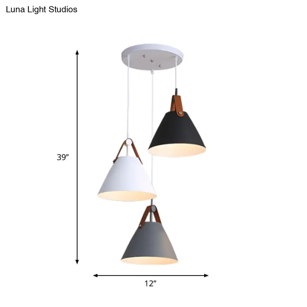 Frustum Shaped Metal Hanging Light Macaron Pendant Lamp - Blue-Pink-Yellow/Black-Grey-White 3 Bulbs