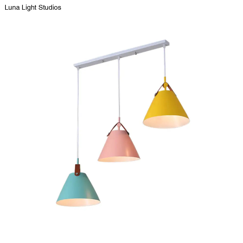 Frustum Shaped Metal Hanging Light Macaron Pendant Lamp - Blue-Pink-Yellow/Black-Grey-White 3 Bulbs