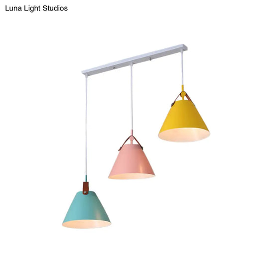 Frustum Shaped Metal Hanging Light Macaron Pendant Lamp - Blue-Pink-Yellow/Black-Grey-White 3 Bulbs