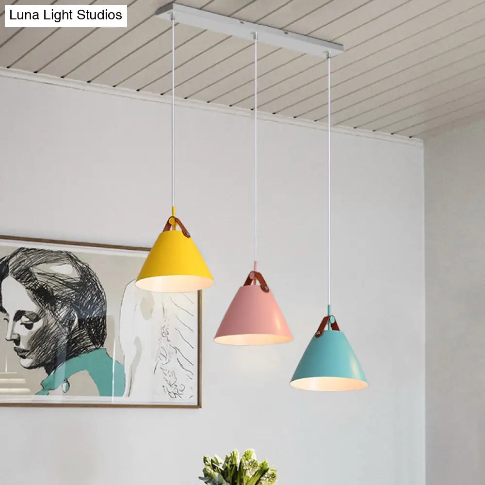 Frustum Shaped Metal Hanging Light Macaron Pendant Lamp - Blue-Pink-Yellow/Black-Grey-White 3 Bulbs