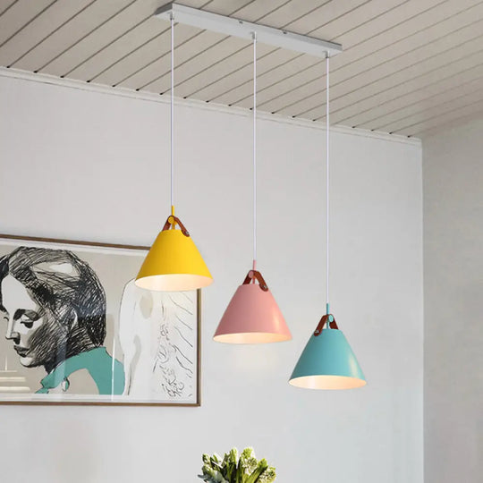 Frustum Shaped Metal Hanging Light Macaron Pendant Lamp - Blue-Pink-Yellow/Black-Grey-White 3 Bulbs