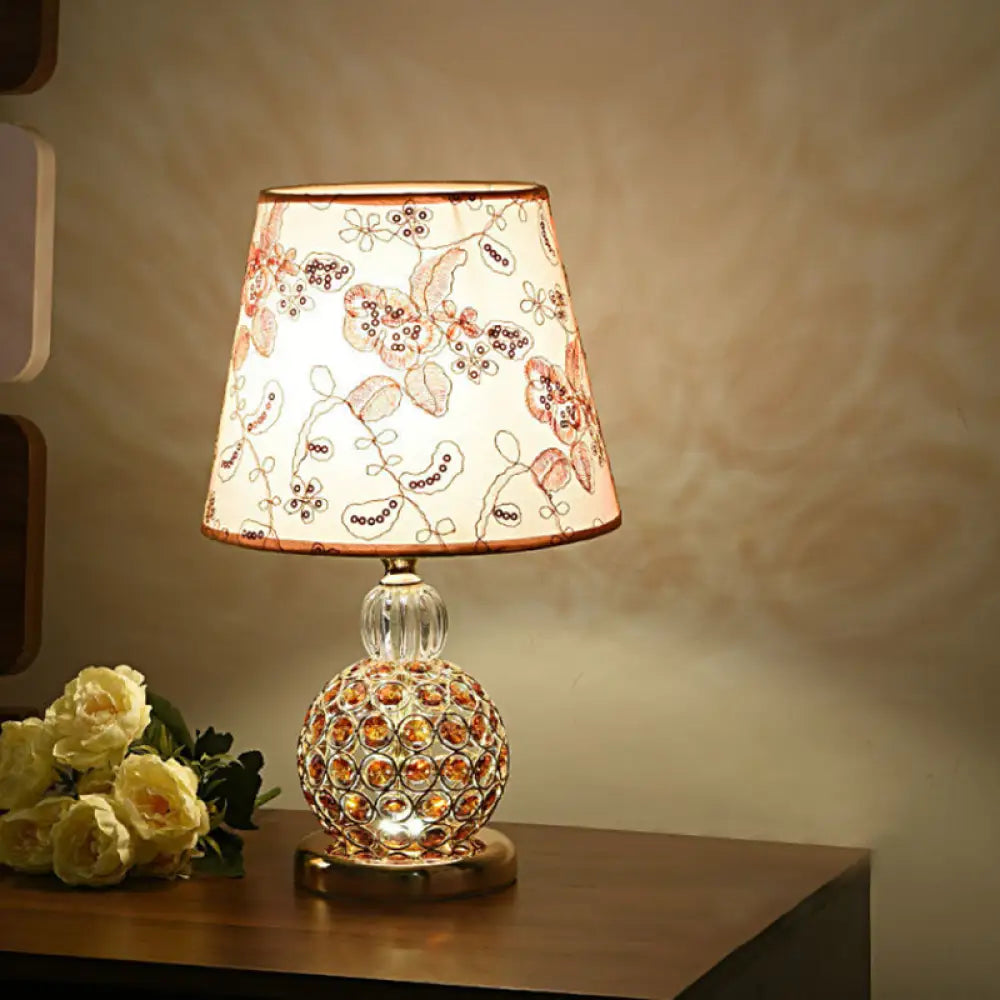 Fum Al Samakah - Tan Floral Fabric Table Lamp With Crystal Embedded Ball Base