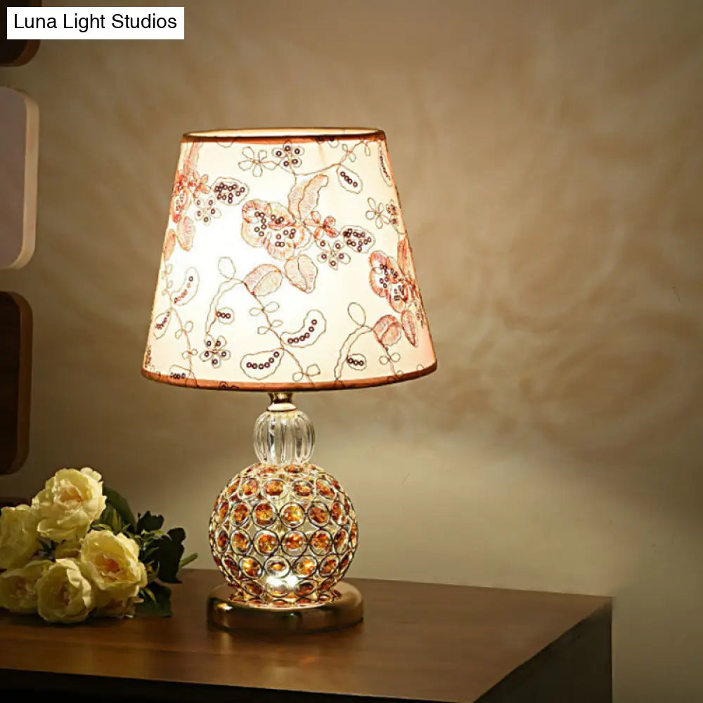 Tan Table Lamp With Floral Fabric Tapered Shade And Crystal Embedded Ball Base - Countryside