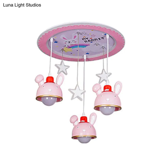 Fun Bunny Ceiling Lamp With Pink Dome Shade - Resin 3 Bulbs Cartoon Flush Mount