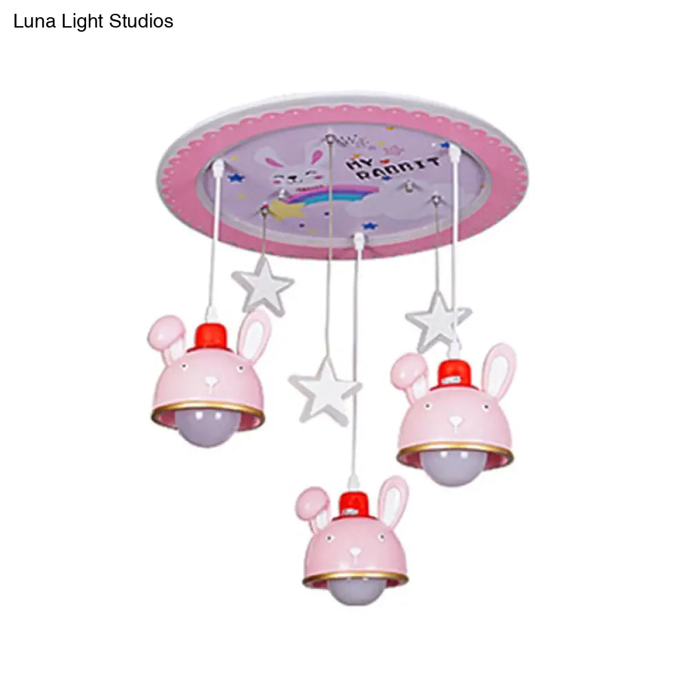 Fun Bunny Ceiling Lamp With Pink Dome Shade - Resin 3 Bulbs Cartoon Flush Mount