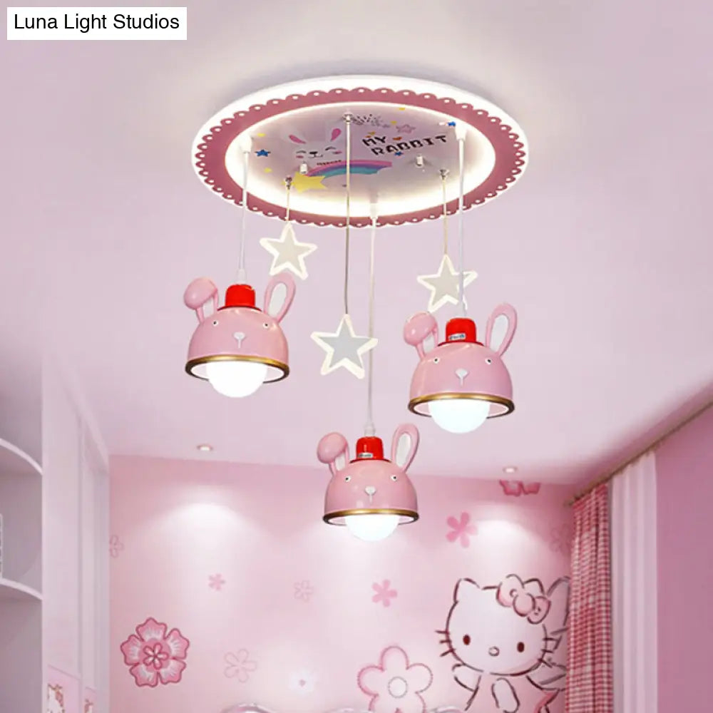 Fun Bunny Ceiling Lamp With Pink Dome Shade - Resin 3 Bulbs Cartoon Flush Mount