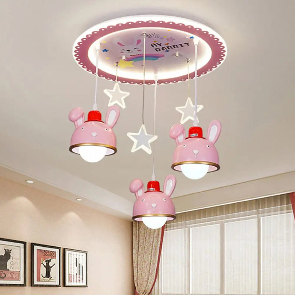 Fun Bunny Ceiling Lamp With Pink Dome Shade - Resin 3 Bulbs Cartoon Flush Mount