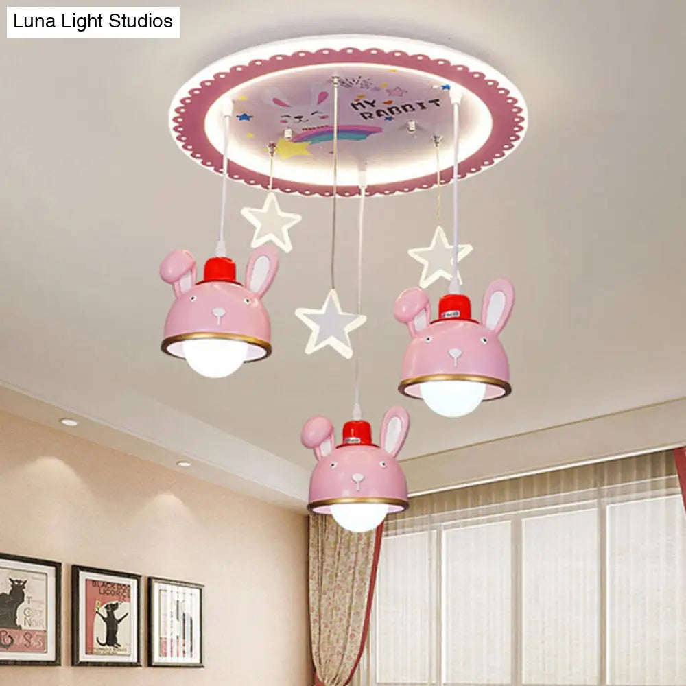 Fun Bunny Ceiling Lamp With Pink Dome Shade - Resin 3 Bulbs Cartoon Flush Mount