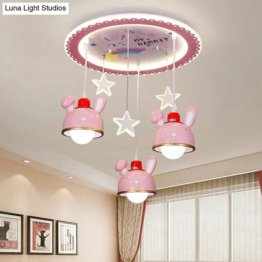 Fun Bunny Ceiling Lamp With Pink Dome Shade - Resin 3 Bulbs Cartoon Flush Mount