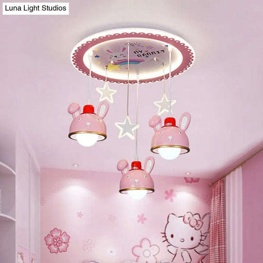 Fun Bunny Ceiling Lamp With Pink Dome Shade - Resin 3 Bulbs Cartoon Flush Mount