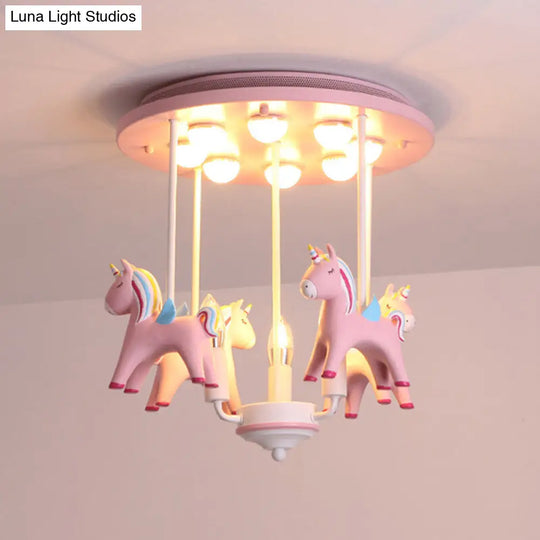 Fun-Filled Kindergarten Semi Flush Ceiling Light: Resin Kids Lamp In Pink Finish