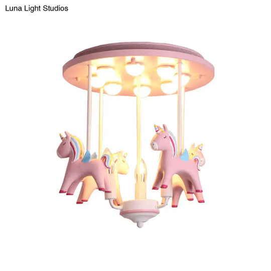 Fun-Filled Kindergarten Semi Flush Ceiling Light: Resin Kids Lamp In Pink Finish