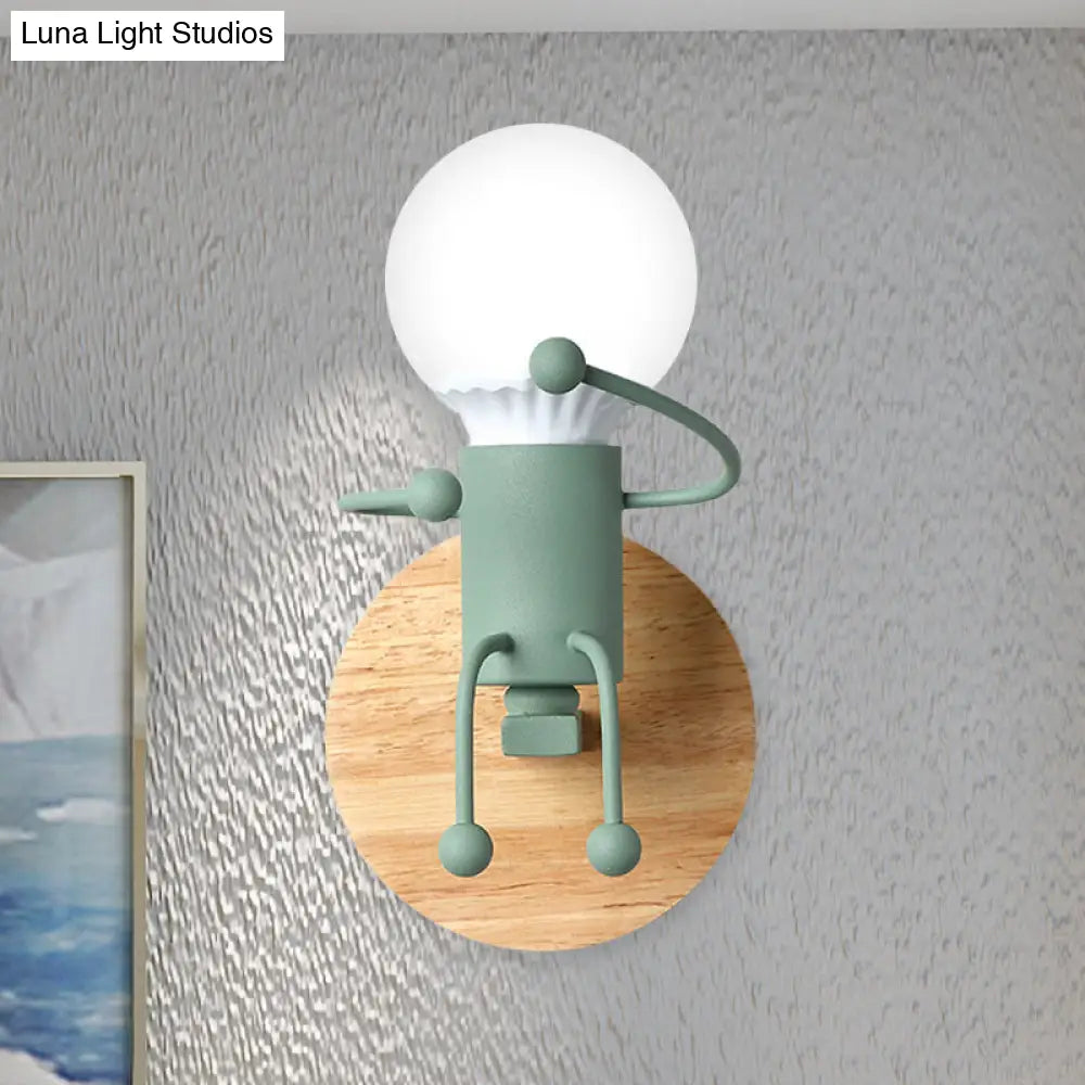 Fun Robot Design Bedside Wall Sconce With Single Iron Lamp Socket For Kids - Available In Grey Green