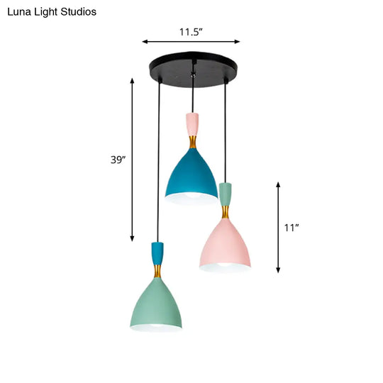 Funnel Pendant Aluminum Ceiling Lamp - Macaron Cluster 3-Light Loft House Suspension Green/Pink/Blue