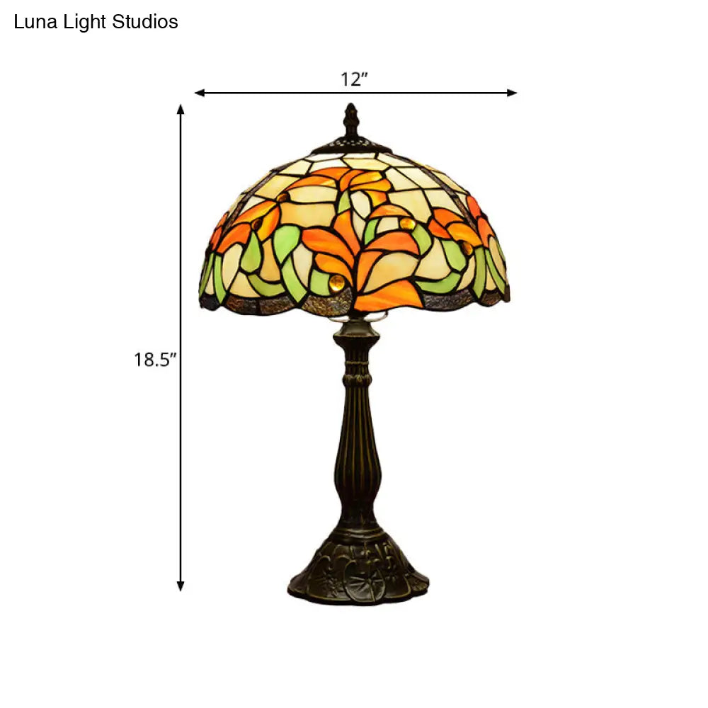 Floral Tiffany Style Bronze Stained Glass Night Lamp - Hand-Cut Table Light With 1 Bulb