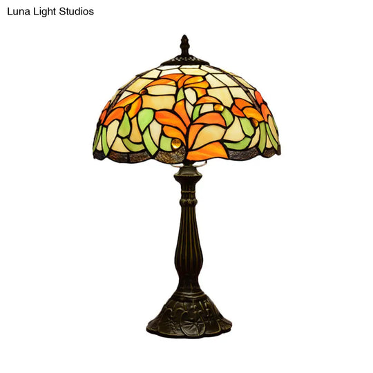 Floral Tiffany Style Bronze Stained Glass Night Lamp - Hand-Cut Table Light With 1 Bulb