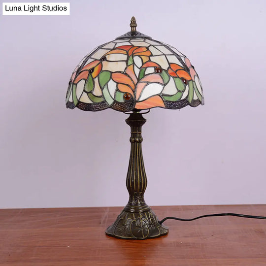 Floral Tiffany Style Bronze Stained Glass Night Lamp - Hand-Cut Table Light With 1 Bulb