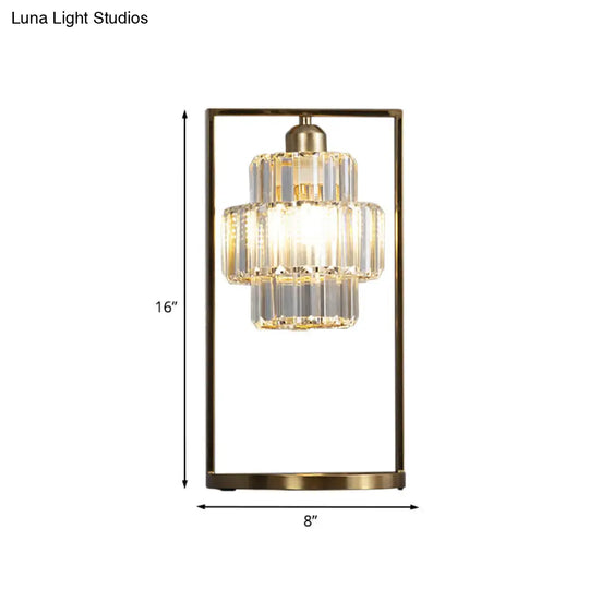 Sleek Crystal Table Lamp: Clear Tiered Round Light With Simplicity Brass Finish And Rectangular