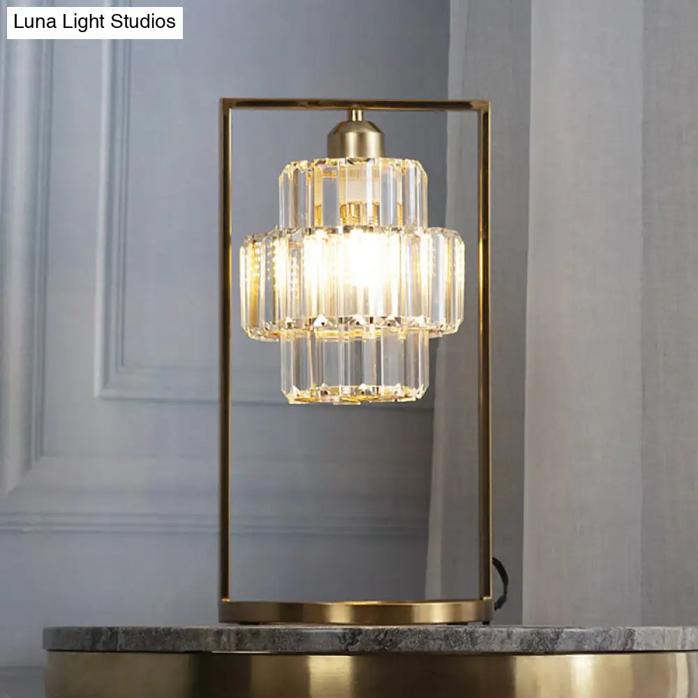 Sleek Crystal Table Lamp: Clear Tiered Round Light With Simplicity Brass Finish And Rectangular