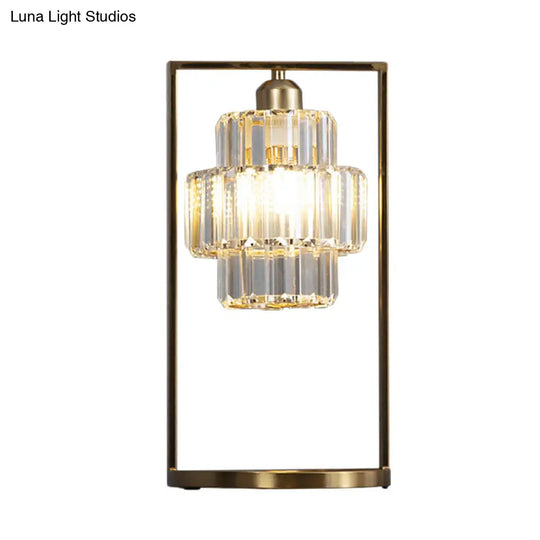 Sleek Crystal Table Lamp: Clear Tiered Round Light With Simplicity Brass Finish And Rectangular