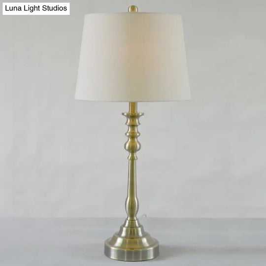 Gold Barrel Fabric Shade Night Table Lamp With Rural Style Candlestick Column - 1 Light Task