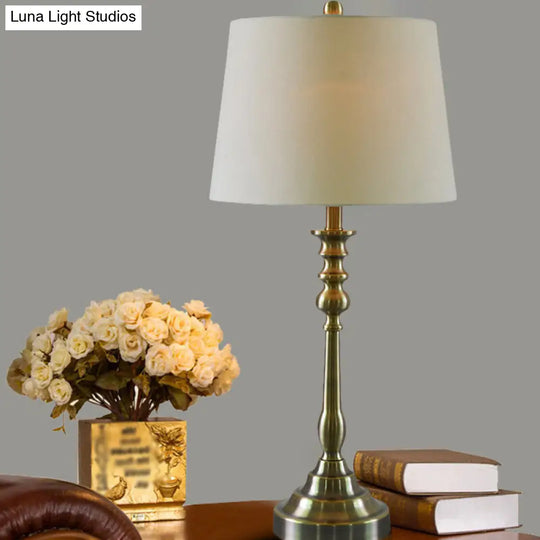 Gold Barrel Fabric Shade Night Table Lamp With Rural Style Candlestick Column - 1 Light Task