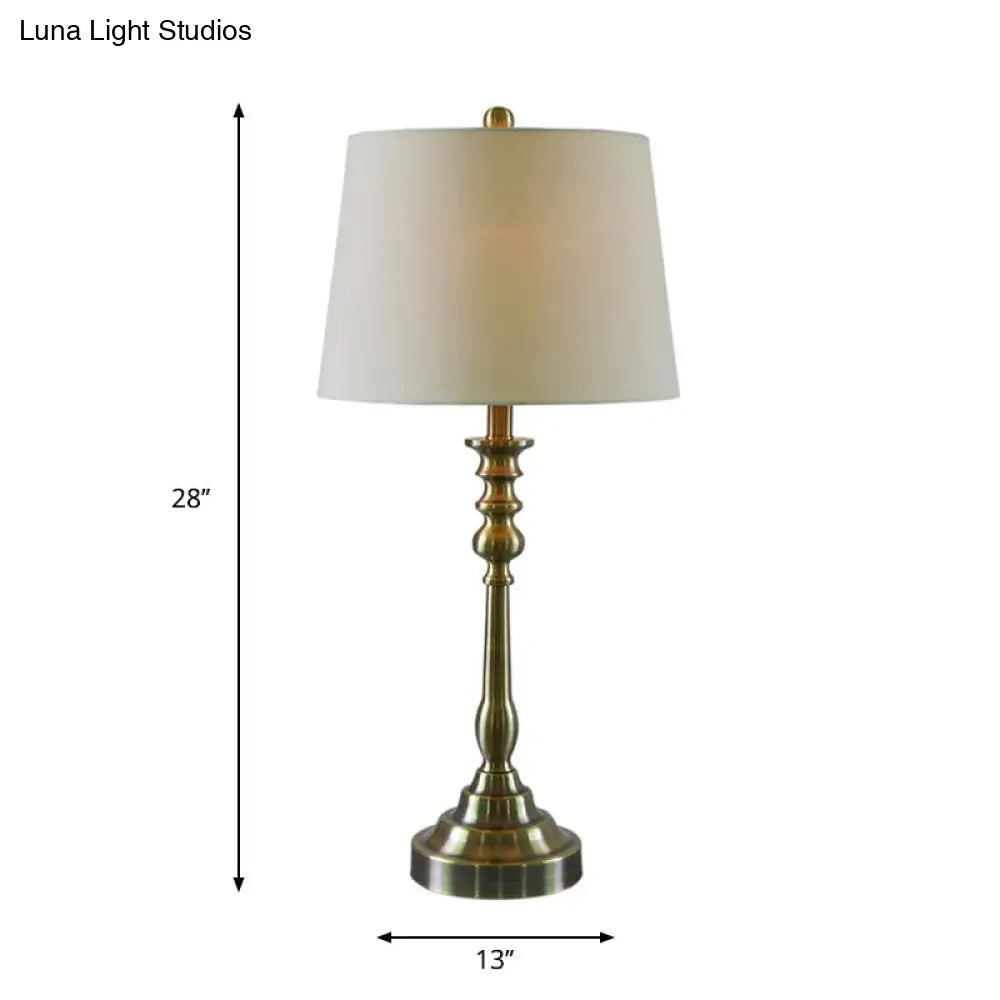 Gold Barrel Fabric Shade Night Table Lamp With Rural Style Candlestick Column - 1 Light Task