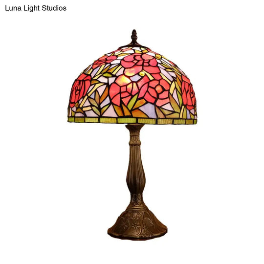 Gaia - Victorian 1 Light Night Table Lamp Bowl Hand Cut Glass Floral Patterned Nightstand In Bronze