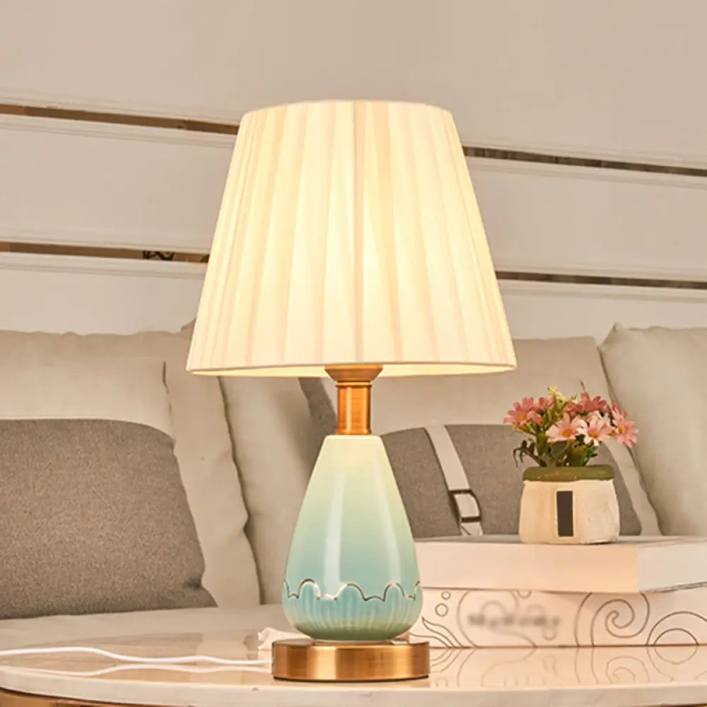 Gathered Fabric Empire Shade Night Light With Simple Style For Bedside Table Blue