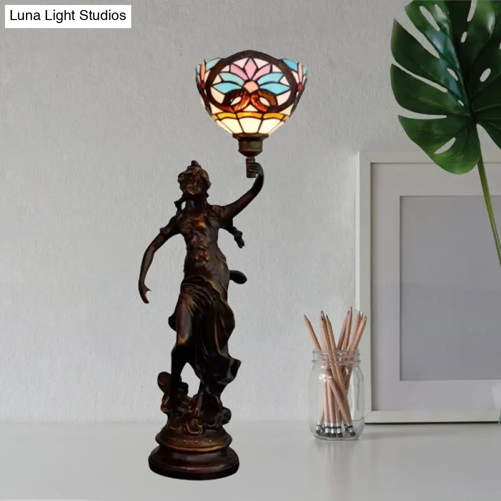 Victorian Style Bronze Women Sculpture Night Lamp - Elegant 1 Head Resin Table Light With