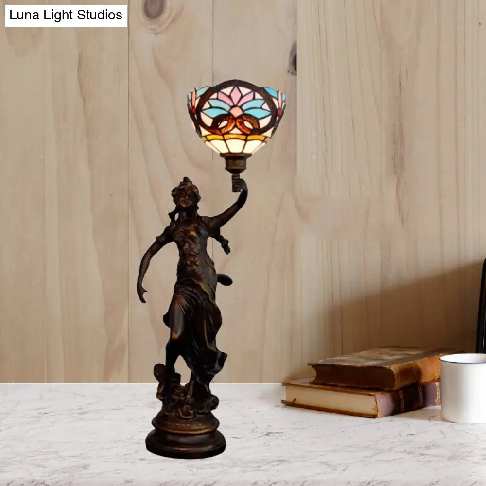 Victorian Style Bronze Women Sculpture Night Lamp - Elegant 1 Head Resin Table Light With