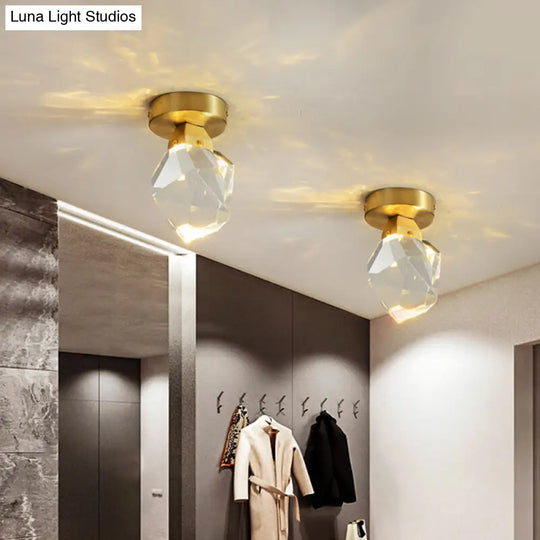 Gemstone Crystal Mini Ceiling Light In Brass Finish - Led Semi Flush Mount Fixture