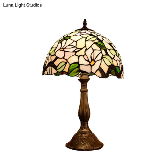 Baroque Blossom Stained Art Glass Nightstand Light With Domed Design - 1 Bulb Red/Beige/Green