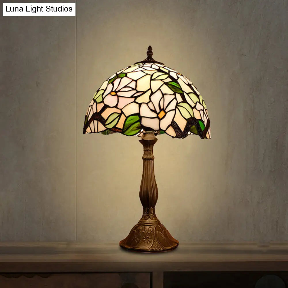 Baroque Blossom Stained Art Glass Nightstand Light With Domed Design - 1 Bulb Red/Beige/Green Beige