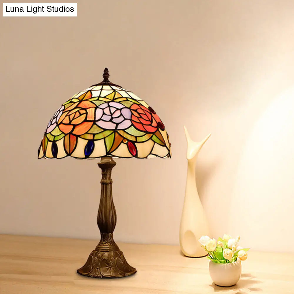 Baroque Blossom Stained Art Glass Nightstand Light With Domed Design - 1 Bulb Red/Beige/Green