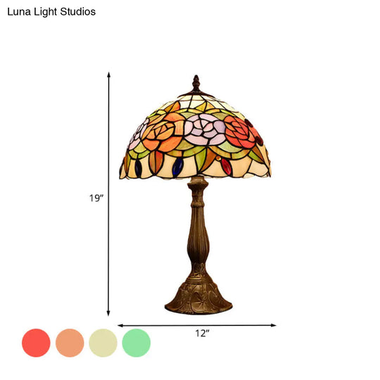 Baroque Blossom Stained Art Glass Nightstand Light With Domed Design - 1 Bulb Red/Beige/Green