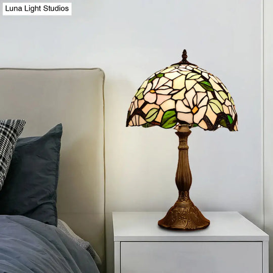 Baroque Blossom Stained Art Glass Nightstand Light With Domed Design - 1 Bulb Red/Beige/Green