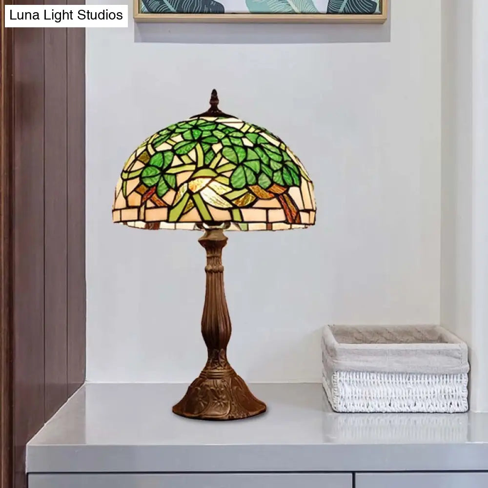 Baroque Blossom Stained Art Glass Nightstand Light With Domed Design - 1 Bulb Red/Beige/Green