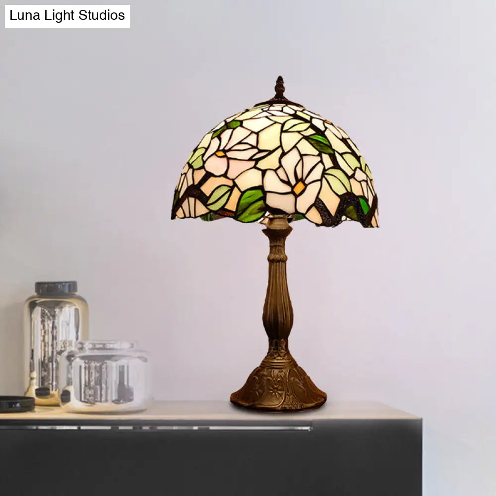 Baroque Blossom Stained Art Glass Nightstand Light With Domed Design - 1 Bulb Red/Beige/Green