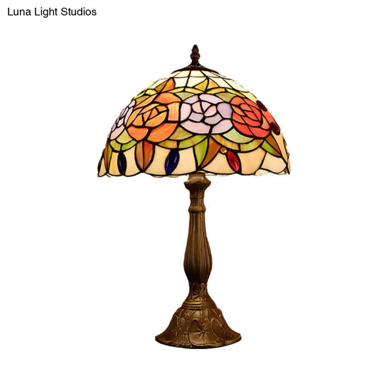 Baroque Blossom Stained Art Glass Nightstand Light With Domed Design - 1 Bulb Red/Beige/Green