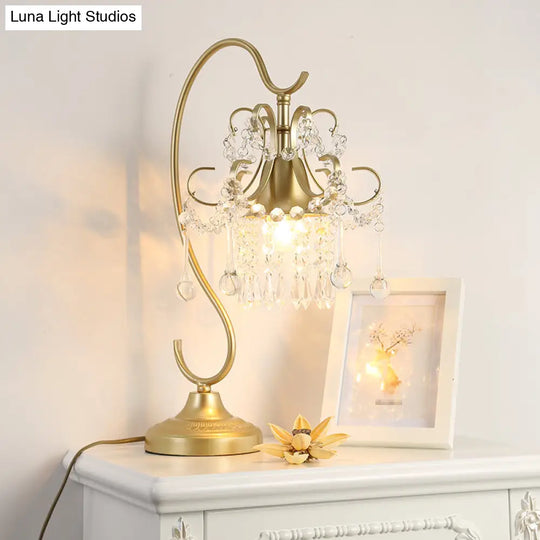 Contemporary Gold Crystal Beads Table Lamp For Bedroom - Bent Arm Frame Nightstand